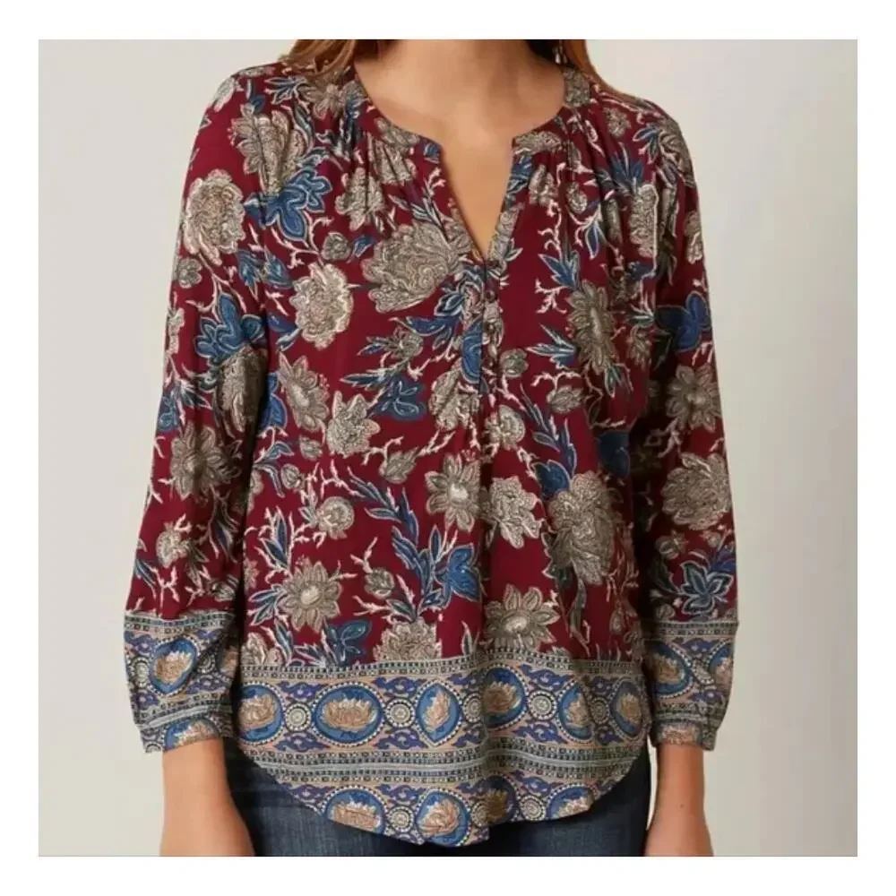 Lucky Brand Floral Henley Top Womens Size 2X Burgundy Blue Border Knit Peasant